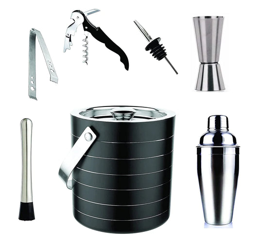 Kuvi BarWare 7 Pieces Bar Set of Double Wall Ice Bucket, Ice Tong, Measuring Jig, Whiskey Pourer, Cocktail Shaker, Muddler Stick, Wine Opener, Stainless Steel