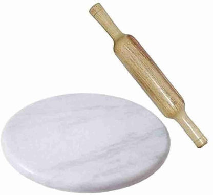 KUVI Printed White Marble Roti Maker with Wooden Belan Enamel Print/White Marble Chakla with Belan Rolling Pin Board Roti Maker Chakla Belan Chapati Maker for Kitchen (White, 9 Inch)