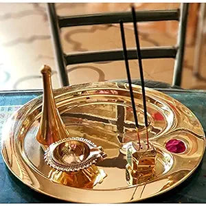 KUVI Pure Brass New OM Design Pure Brass Pooja Thali Set (23 cm,Gold)