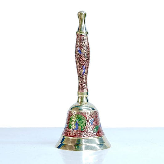 KUVI Pure Brass Puja Bell Meena/Enamel Design | Pooja Ghanti/Ghanta for Home and Temple | Prayer Bell | Pooja Mandir Bell - 6.3 * 6.3 * 16 cm
