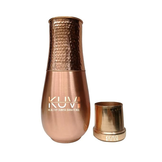 KUVI Pure Copper Hammered & Matt Finish Tulip Bed-Side Jar/Matka Pot Elegant and Stylish Jar with 1600ML and Glass 250ML