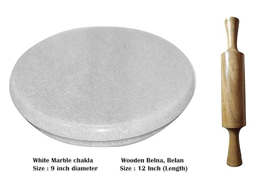 KUVI Printed White Marble Roti Maker with Wooden Belan Enamel Print/White Marble Chakla with Belan Rolling Pin Board Roti Maker Chakla Belan Chapati Maker for Kitchen (White, 9 Inch)