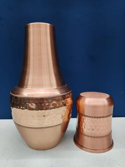KUVI Pure Copper Hammered & Matt Finish Venus Shape Bedside Jar/Matka Pot Elegant and Stylish Jar with 1600Ml and Glass 250ML.
