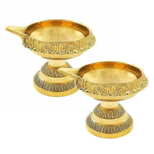 KUVI Pure Brass KUBER-DEEP Stand Diya's for Pooja Hand Engraved Diya for Puja Heavy Quality