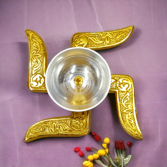 Traditional Brass Swastik Diya with Velvet Box for Pooja