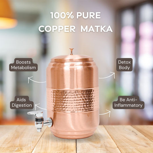 100% Pure Copper 5 Litre Matka Water Dispenser Jug with Brass Nob and Nickle Plated Tap and One Iron Stand,1 Copper Glass 250 ml (2-Tone Matka+1 Glass+1 Stand)