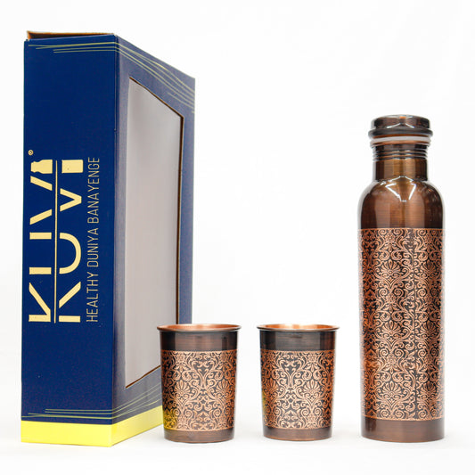 KUVI Pure Copper Drinkware Water Bottle Gift Set 1 Bottle & 2 Glass Leak Proof & Rust Proof for Home Wedding gift | Marriage gift | Home Use (J A/E Bottle Set)