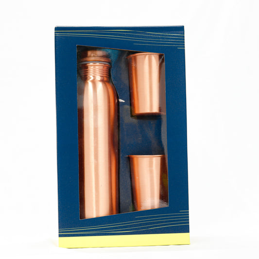 KUVI Pure Copper Drinkware Water Bottle Gift Set 1 Bottle & 2 Glass Leak Proof & Rust Proof for Home Wedding gift | Marriage gift | Home Use (Matt Bottle set)