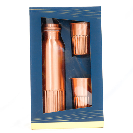 KUVI Pure Copper Drinkware Water Bottle Gift Set 1 Bottle & 2 Glass Leak Proof & Rust Proof for Home Wedding gift | Marriage gift | Home Use (Half Rope Bottle set)