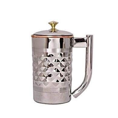 Copper Jug Diamond Pure Copper Steel Water Jug Pitcher with Stainless Steel Outer Pure Copper Inside Handmade 2200ML/2.2 Litre