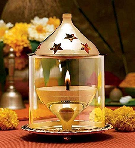 Brass Lamp Akhand Puja Diya, Akhand Diya Decorative Brass and Glass Oil Lamp Tea Light Holder Lantern Diya (Large)