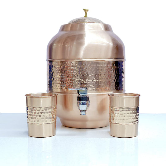 8 Litre Half Hammered Matt Finish Design Copper Water Dispenser (Matka) Leak Proof Container Pot with Pure Copper and Ayurvedic Health Benefits (8000 ml) & 2 Glass Combo 250 ML Each (Pack of 1)