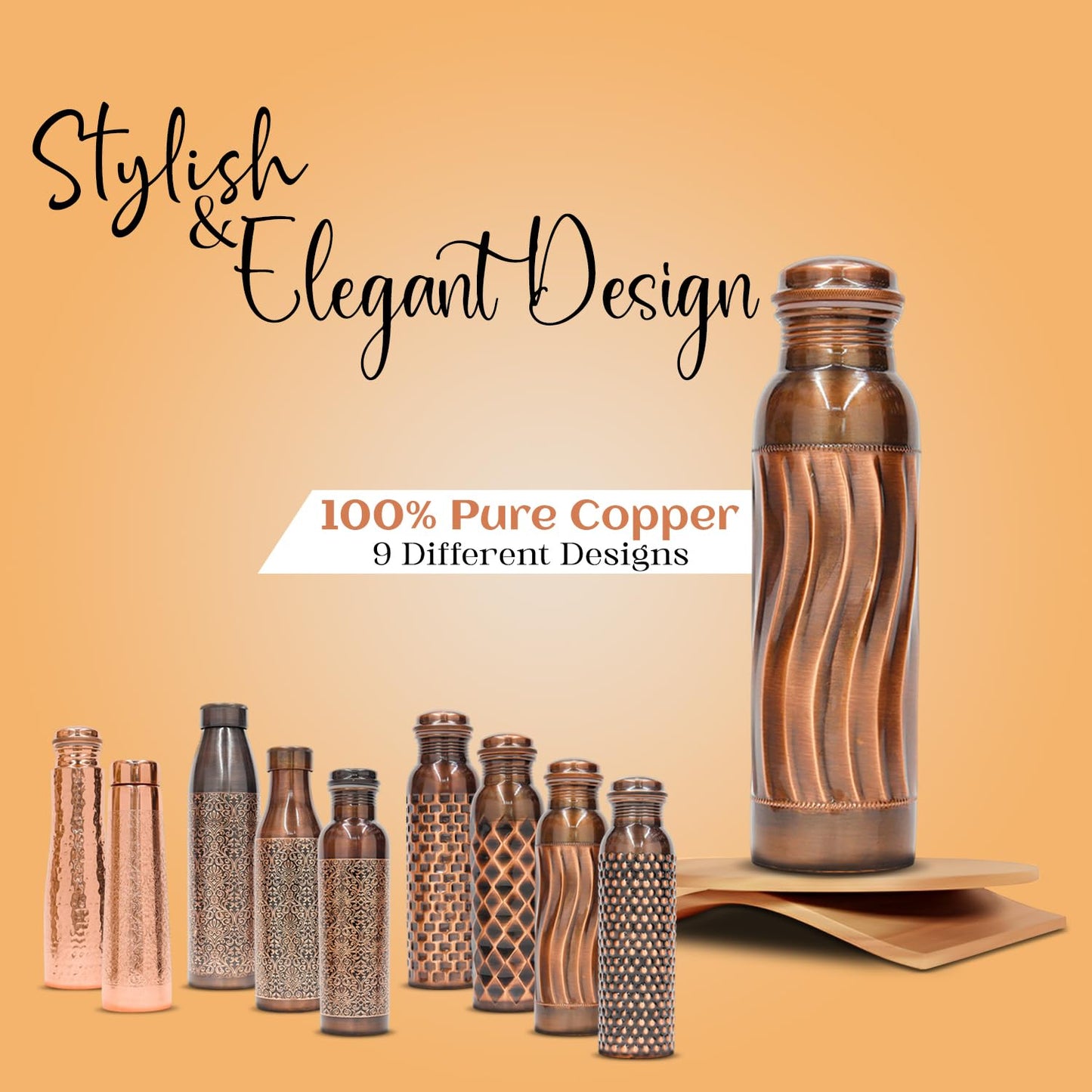 Kuvi Copper Charge 1000ml Water Bottle 100% Pure Copper Water Bottle Leak Proof & Rust Proof for Home, School & Office (1000 ml) (Tappered Design)