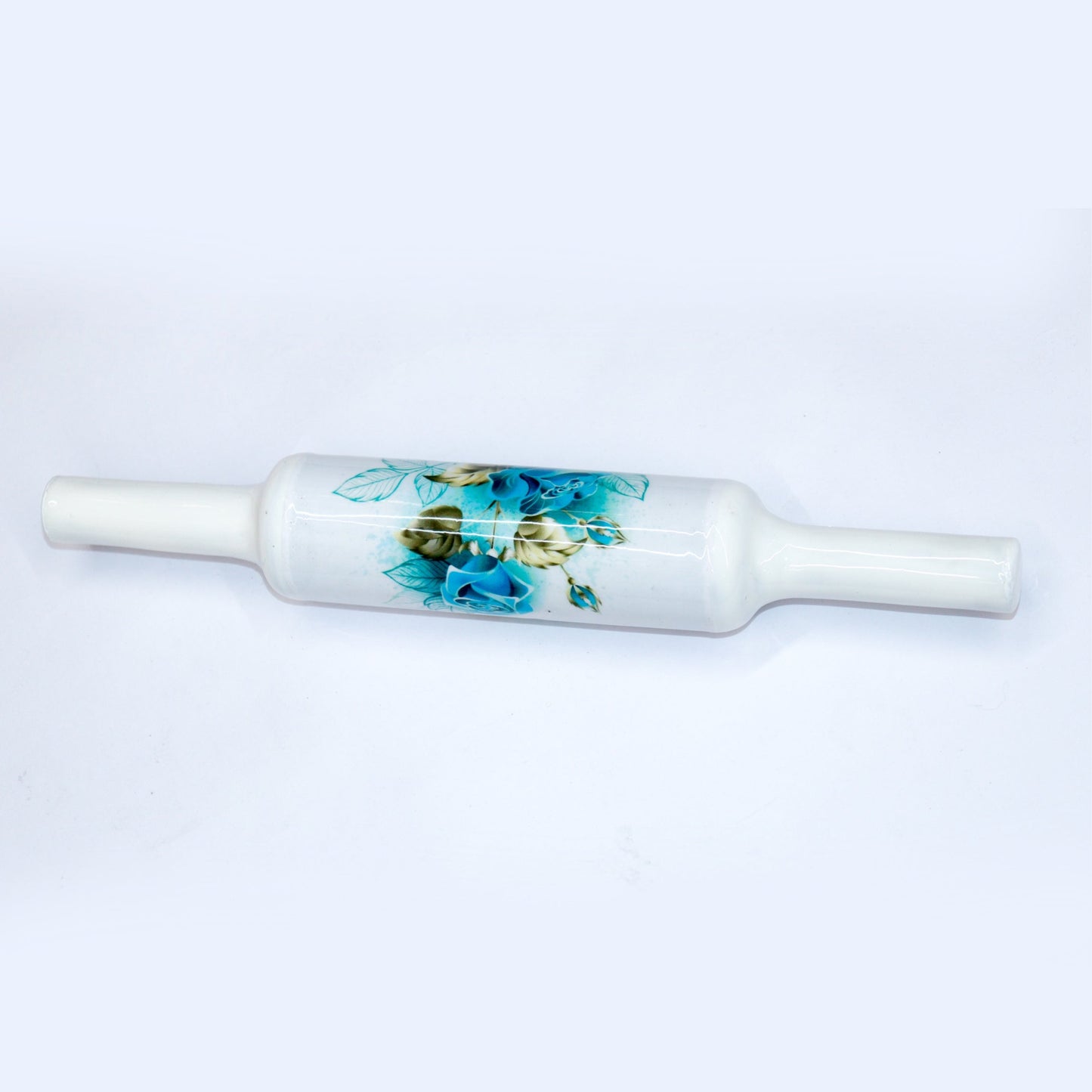 KUVI Printed White Marble Roti Maker with Wooden Belan Enamel Print/White Marble Chakla 10 Inch Diameter with Belan (Printed Enamel Chakla Belan) (Blue Rose)